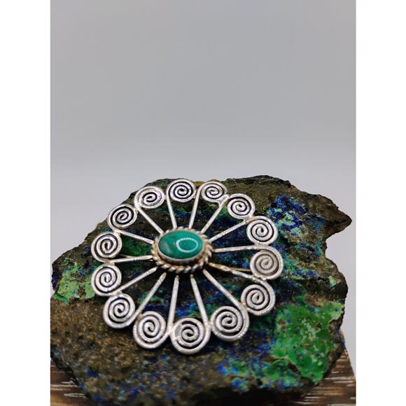 Turquois Jewelry - Vintage Turquoise and Sterling Silver Pinwheel Brooch